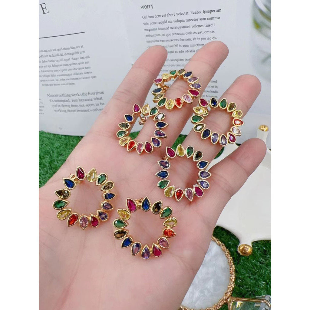 Rainbow Multi Color Pear Cubic Zirconia 18K Gold Stud Earring Bulk
