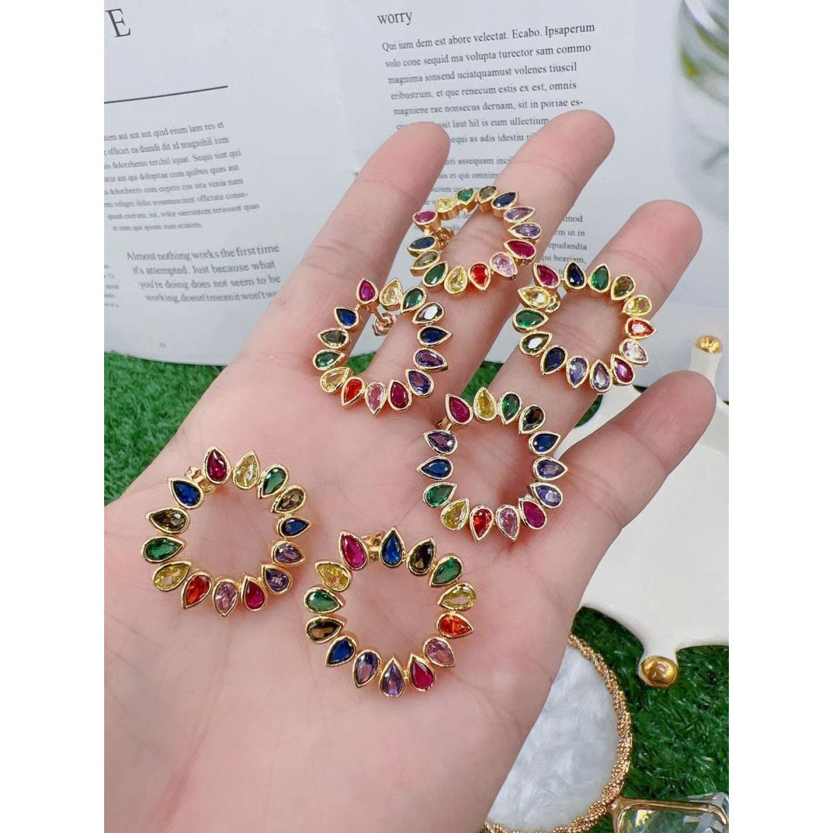 Rainbow Multi Color Pear Cubic Zirconia 18K Gold Stud Earring Bulk