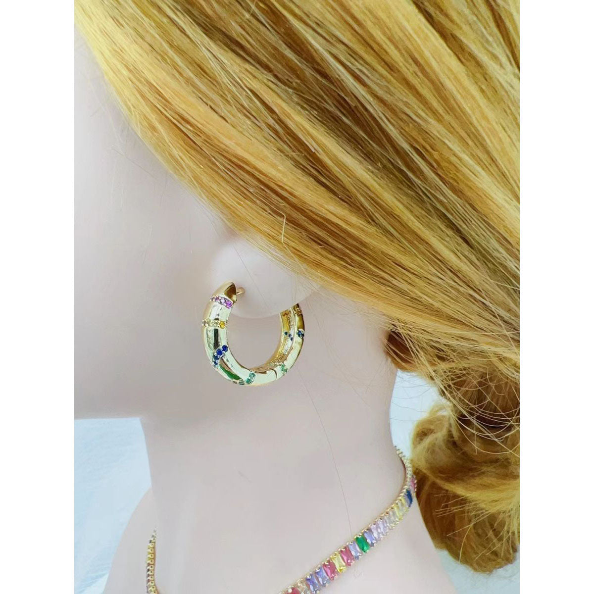 Rainbow Multi Color Cubic Zirconia 18K Gold Hoop Earring Women Bulk Secondary image