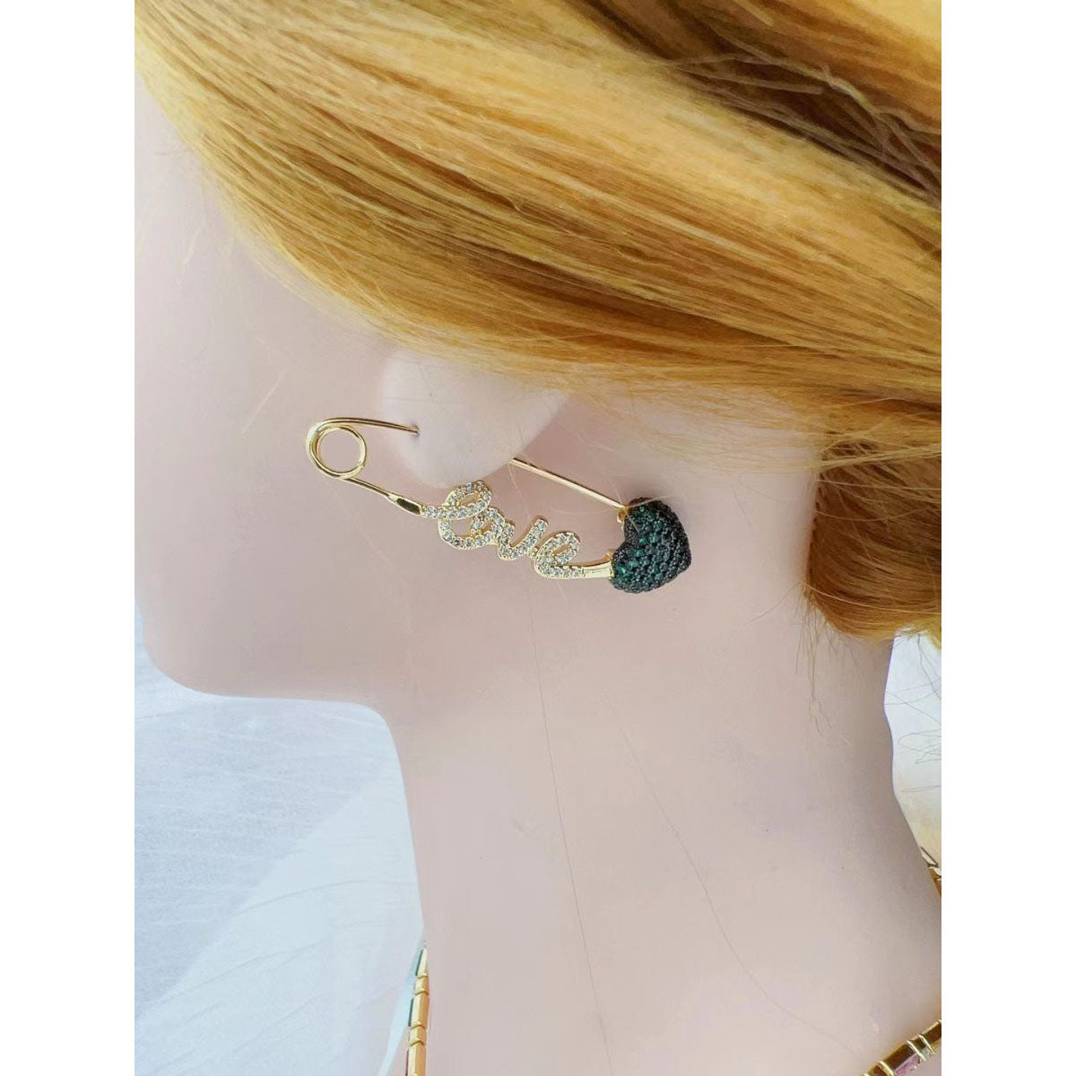 Love Heart Safety Pin 18K Gold Single Ear Earring For Women Bulk