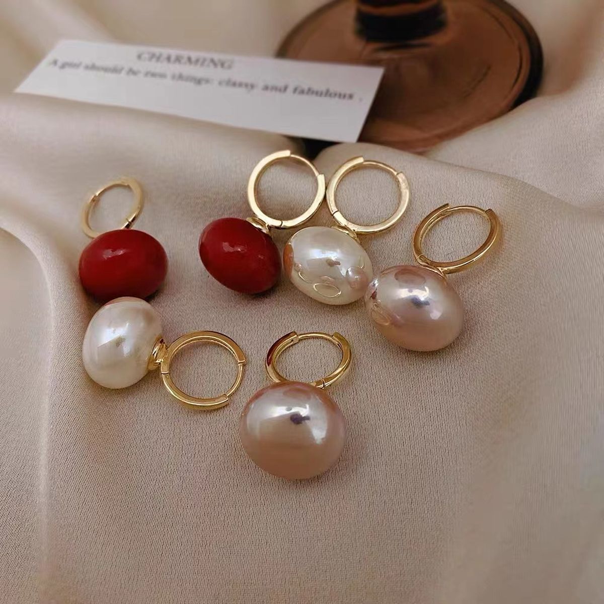 Button Pearl 18K Gold Copper Hoop Bali Drop Earring For Women Bulk