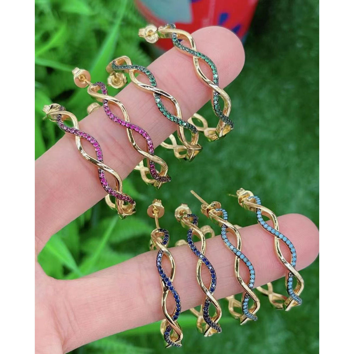 Twisted Wavy Curly Blue Cubic Zirconia 18K Gold Hoop Earring Bulk Secondary image