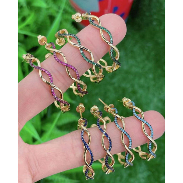 Twisted Wavy Curly Blue Cubic Zirconia 18K Gold Hoop Earring Bulk Secondary image