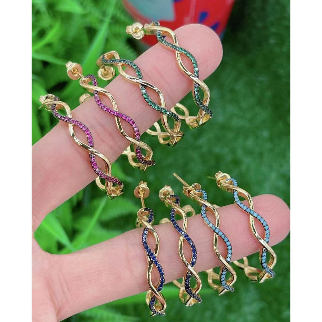 Twisted Wavy Curly Blue Cubic Zirconia 18K Gold Hoop Earring Bulk