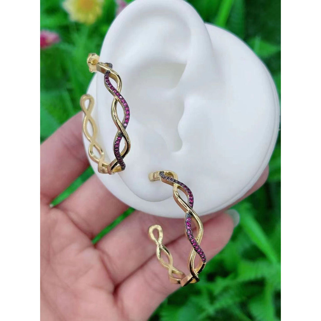 Twisted Wavy Curly Blue Cubic Zirconia 18K Gold Hoop Earring Bulk