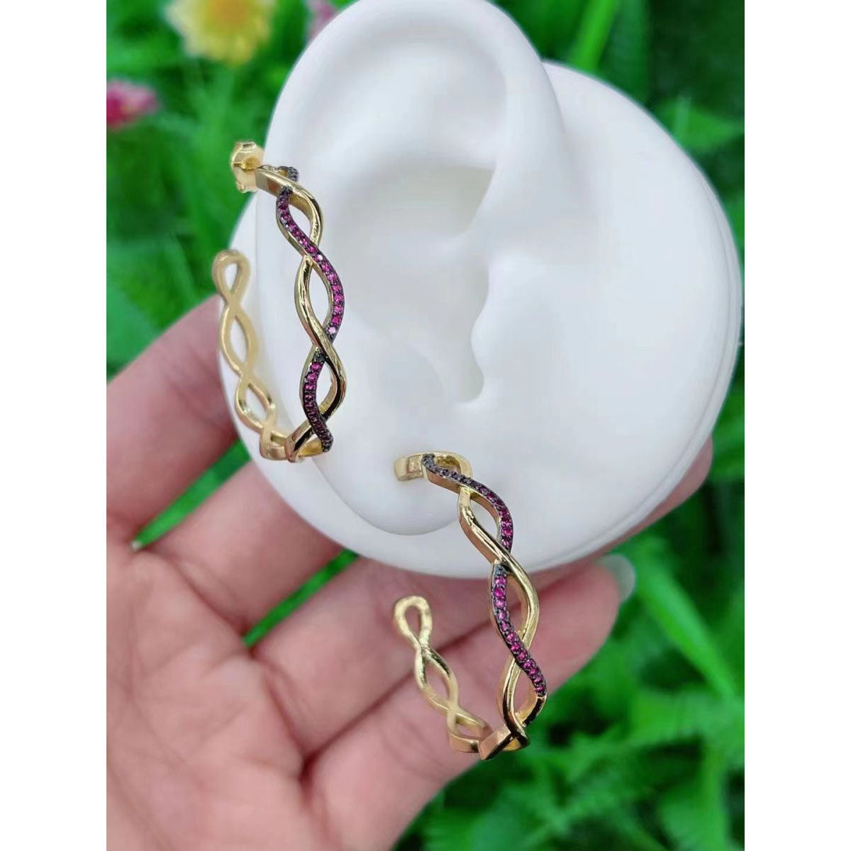 Twisted Wavy Curly Blue Cubic Zirconia 18K Gold Hoop Earring Bulk