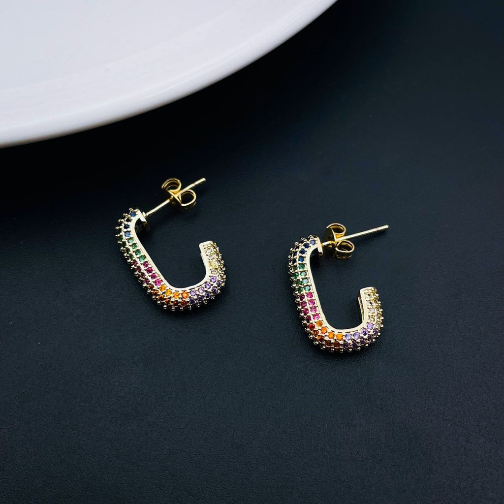 Half Rectangle Multi Color Rainbow Copper Gold Hoop Earring Women Bulk