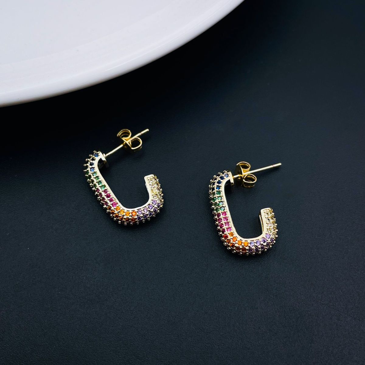 Half Rectangle Multi Color Rainbow Copper Gold Hoop Earring Women Bulk