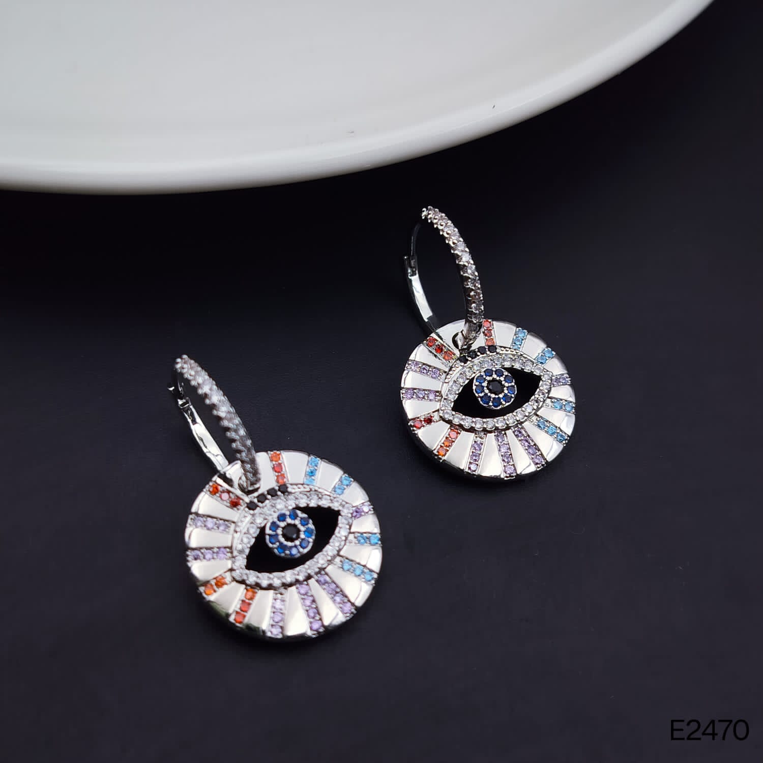Evil Eye Multi Color Silver Dangling Hoop Earring For Women Bulk Main image