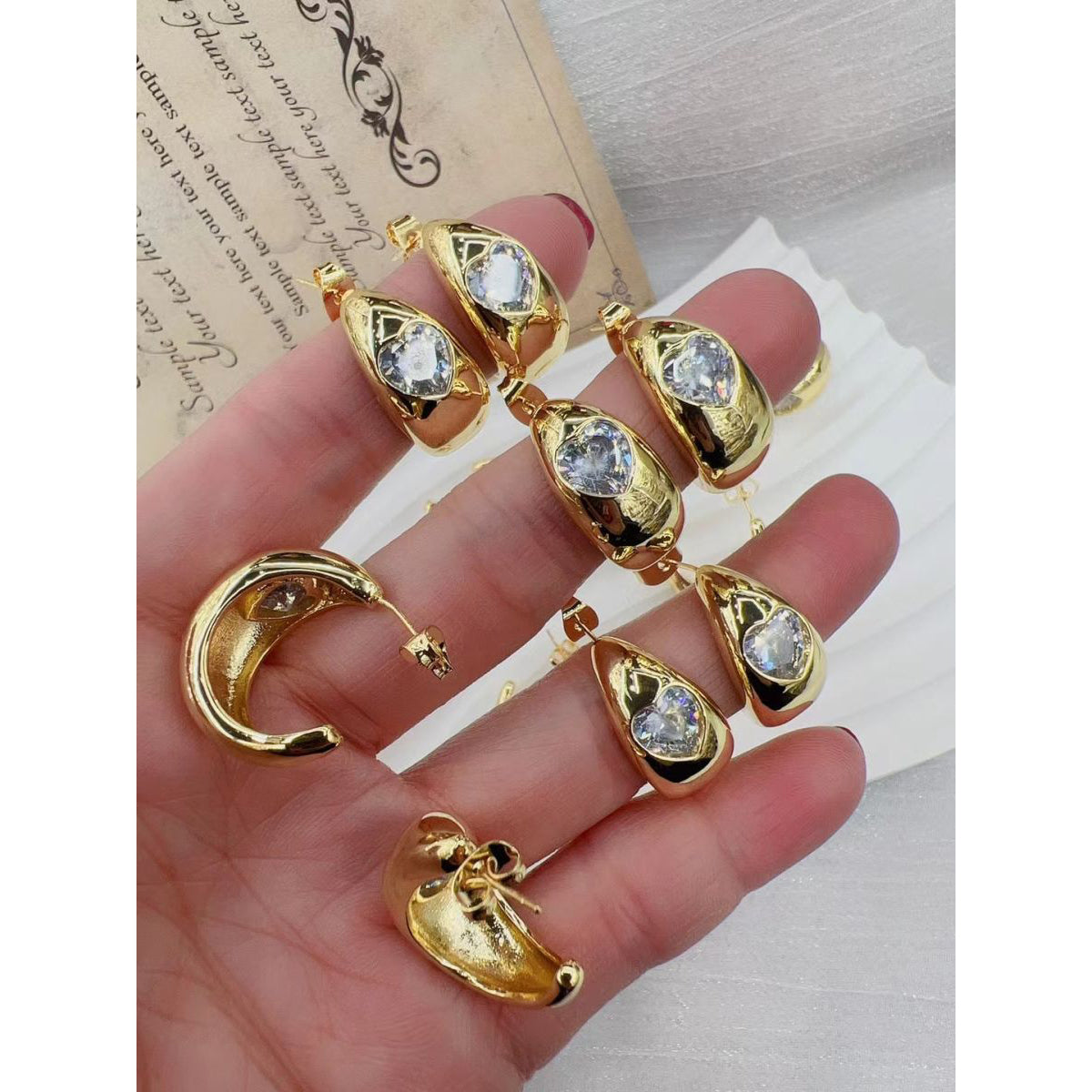Cubic Zirconia Heart Copper Glossy 18K Gold Hoop Earring Women Bulk