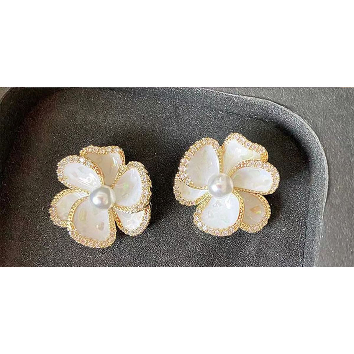White Oyster CZ Pearl 3D Petal Flower Copper Stud Earring Bulk