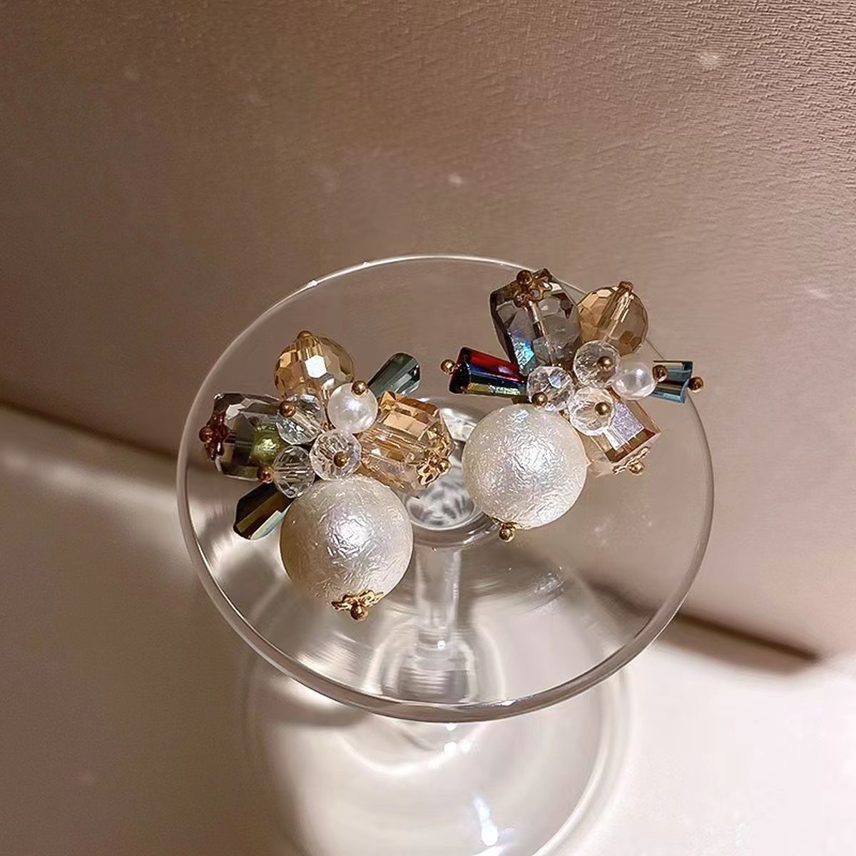 Floral Crystal Beads Pearl Copper Multicolor Gold Stud Earring Bulk