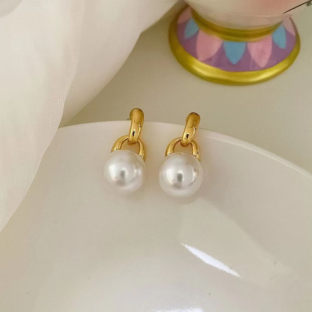 Simple Pearl Glossy 18K Gold Copper Stud Drop Earring For Women Bulk