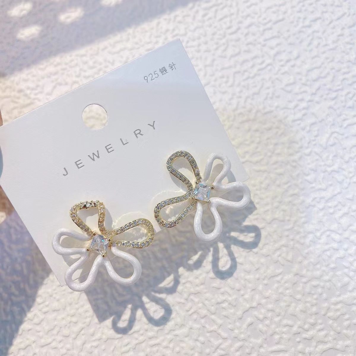 Flower White Enamel CZ Princess Cut Copper Gold Stud Earring Bulk