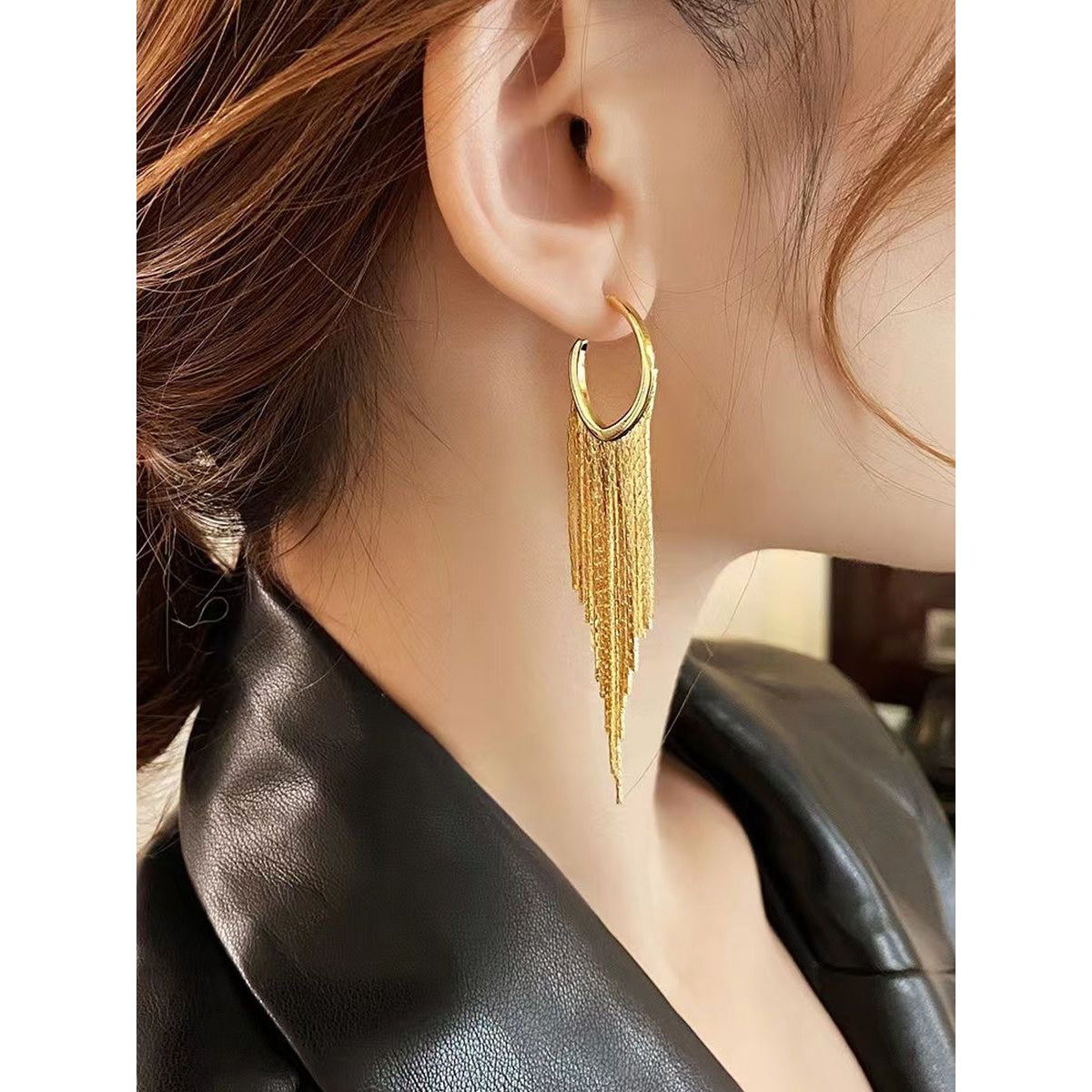 Long Chain Glossy Copper 18K Gold Dangling Tassel Hoop Earring Bulk Secondary image