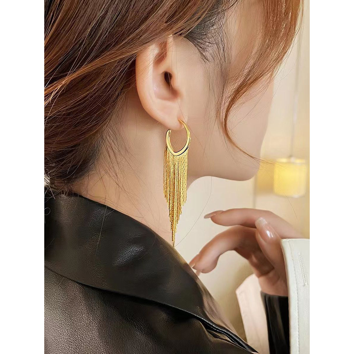 Long Chain Glossy Copper 18K Gold Dangling Tassel Hoop Earring Bulk