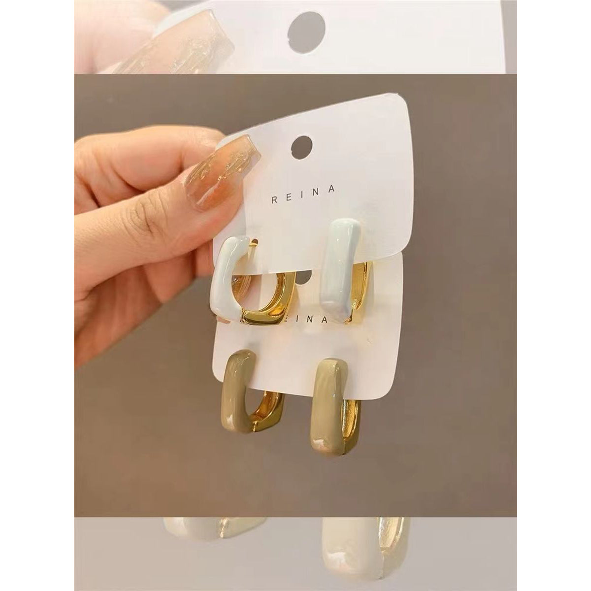 White Enamel Square 18K Gold Copper Stud Hoop Earring For Women Bulk Secondary image