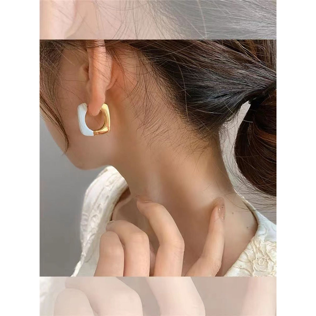 White Enamel Square 18K Gold Copper Stud Hoop Earring For Women Bulk