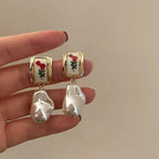 Tulip Enamel Baroque Pearl Gold Copper Dangling Drop Earring Bulk