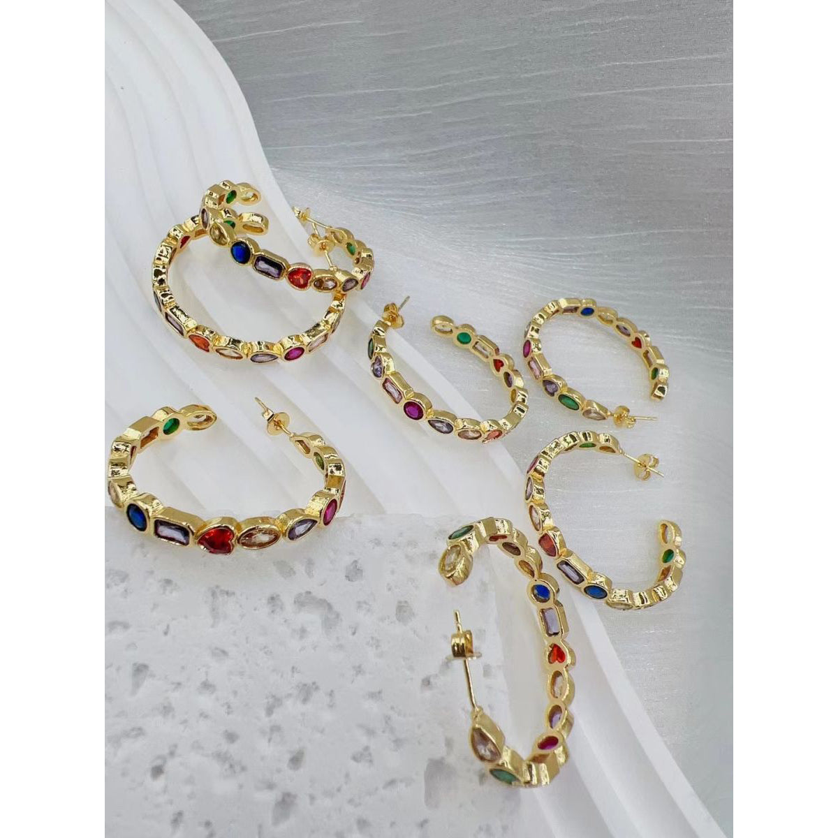 Rainbow Multi Color Fancy Zircon Gold Copper Hoop Bali Earrings Bulk