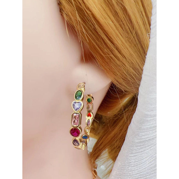 Rainbow Multi Color Fancy Zircon Gold Copper Hoop Bali Earrings Bulk Secondary image