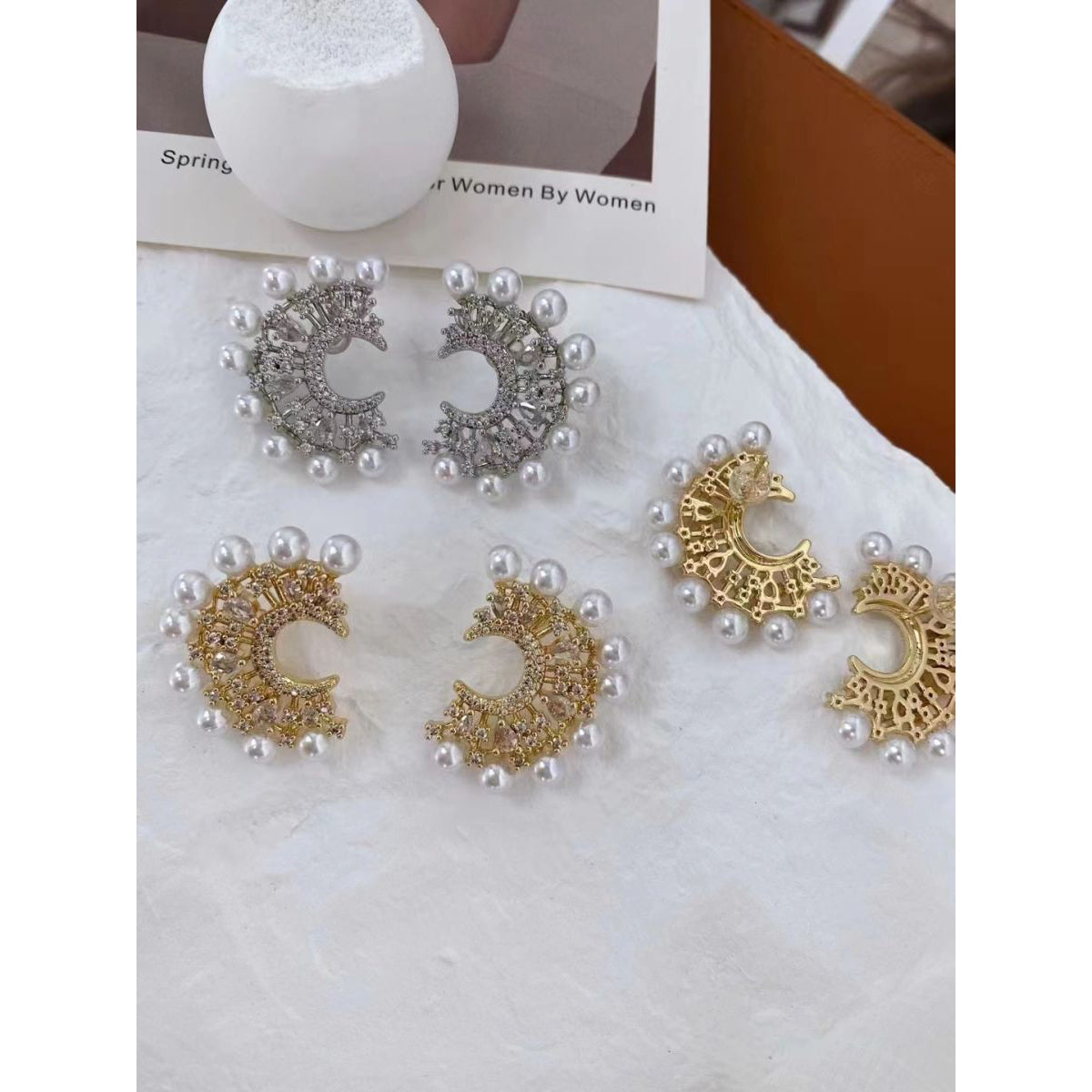 Marquise Pearl Crescent Gold Copper Dangler Chand Bali Earring Bulk Main image