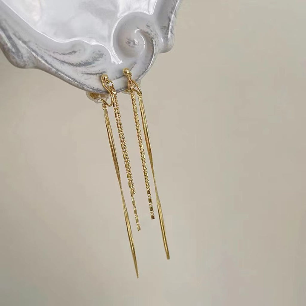 Long Tassel Dangling Chain 18K Gold Copper Clip On Earring Women Bulk