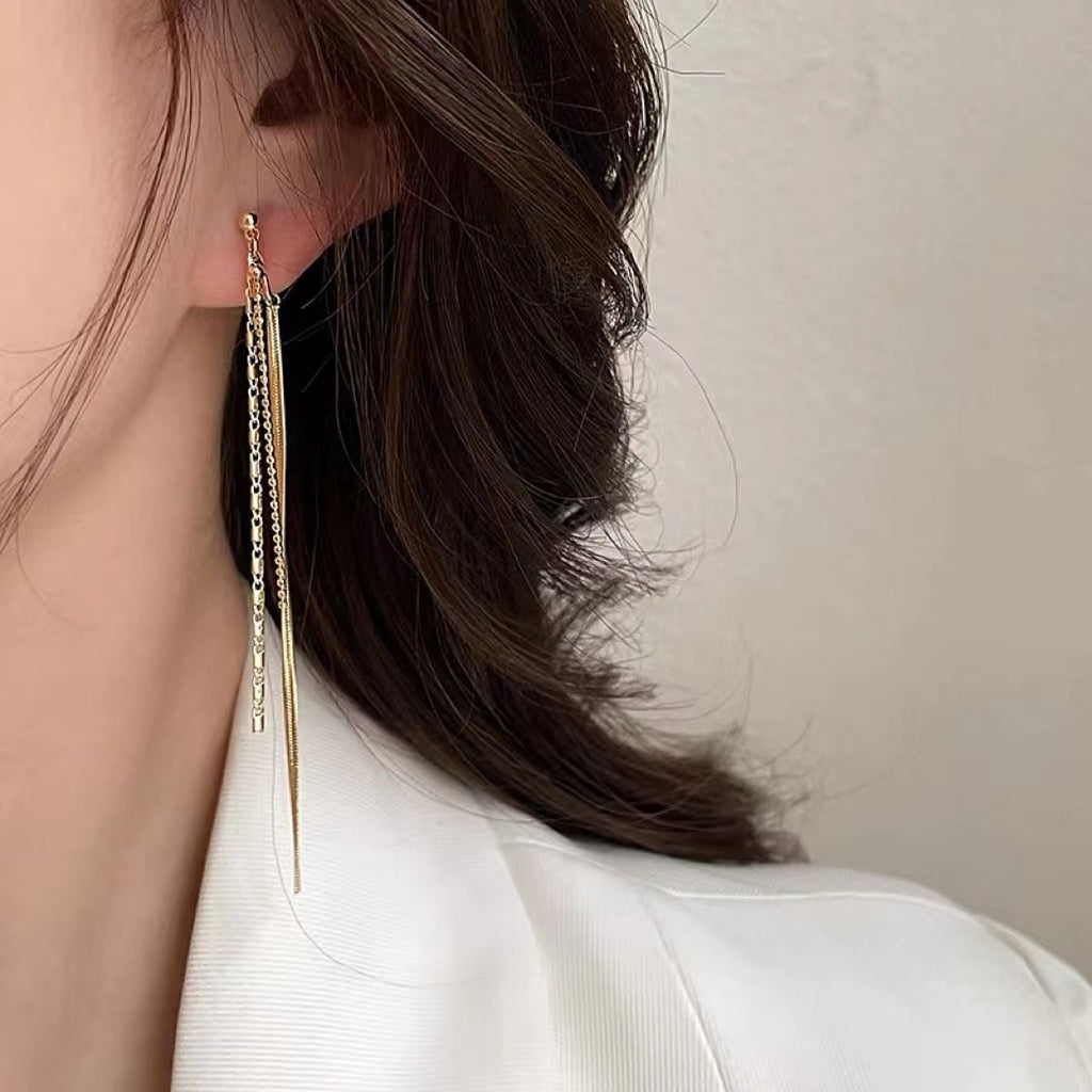 Long Tassel Dangling Chain 18K Gold Copper Clip On Earring Women Bulk