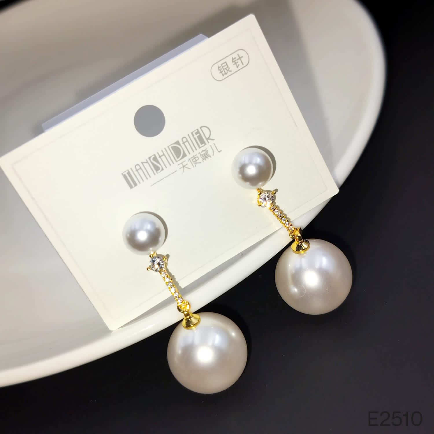 Dual Pearl Cubic Zirconia 18K Gold Dangling Drop Earring Women Bulk