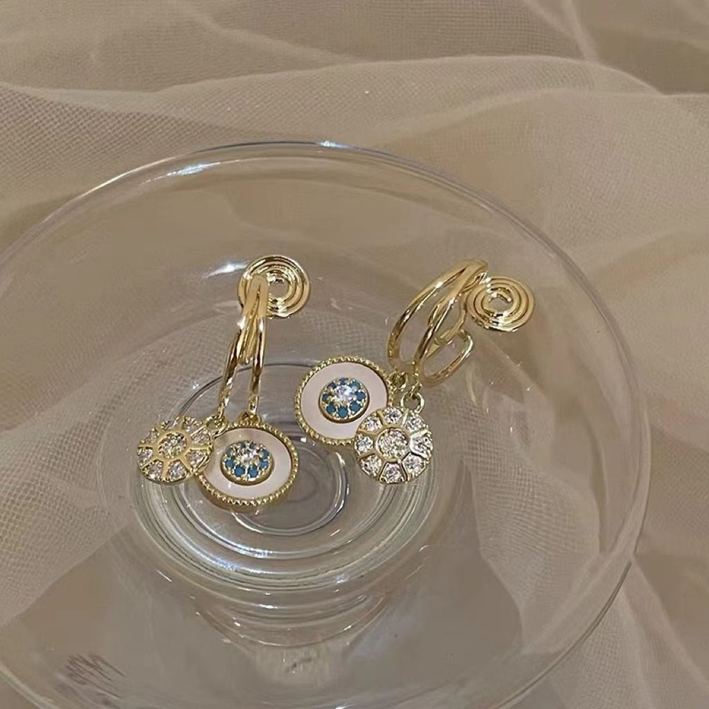 Intricate Mother of Pearl Dual Disk 18K Gold Clip On Dangling Drop Earring for Women