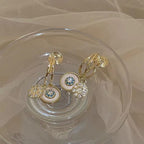 Intricate Mother of Pearl Dual Disk 18K Gold Clip On Dangling Drop Earring for Women