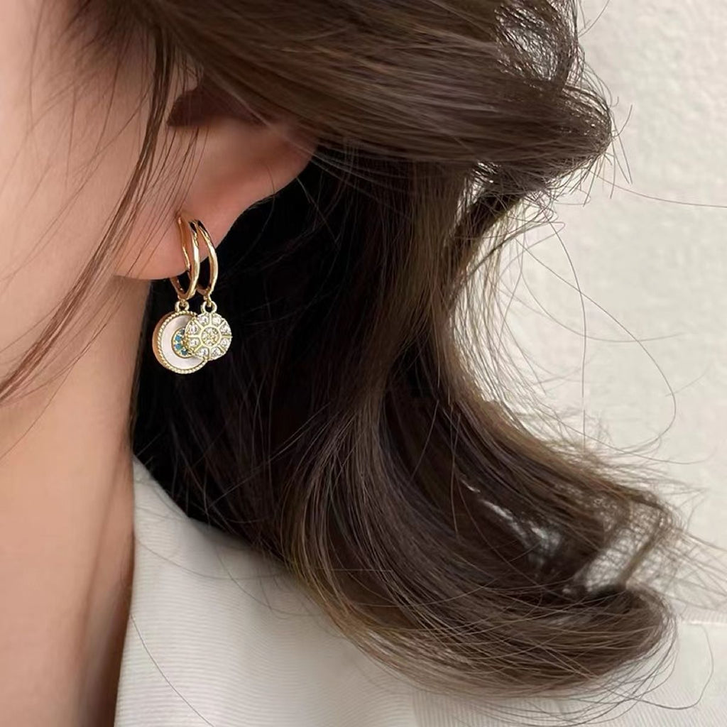 Intricate Mother of Pearl Dual Disk 18K Gold Clip On Dangling Drop Earring for Women