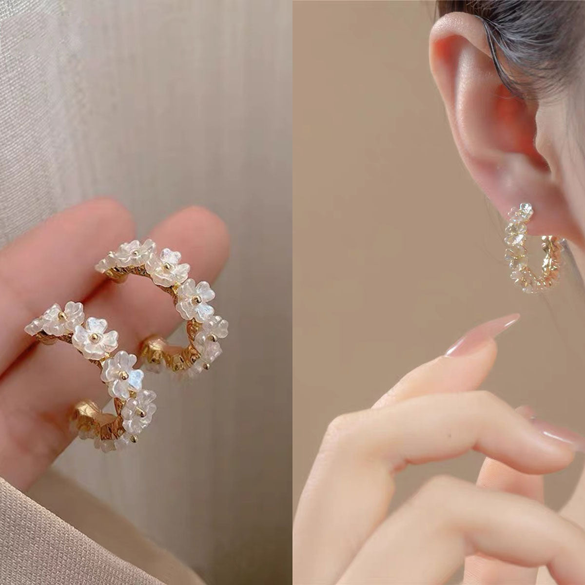 Flower Mother Of Pearl Delicate 18K Gold Hoop Earring For Women Bulk