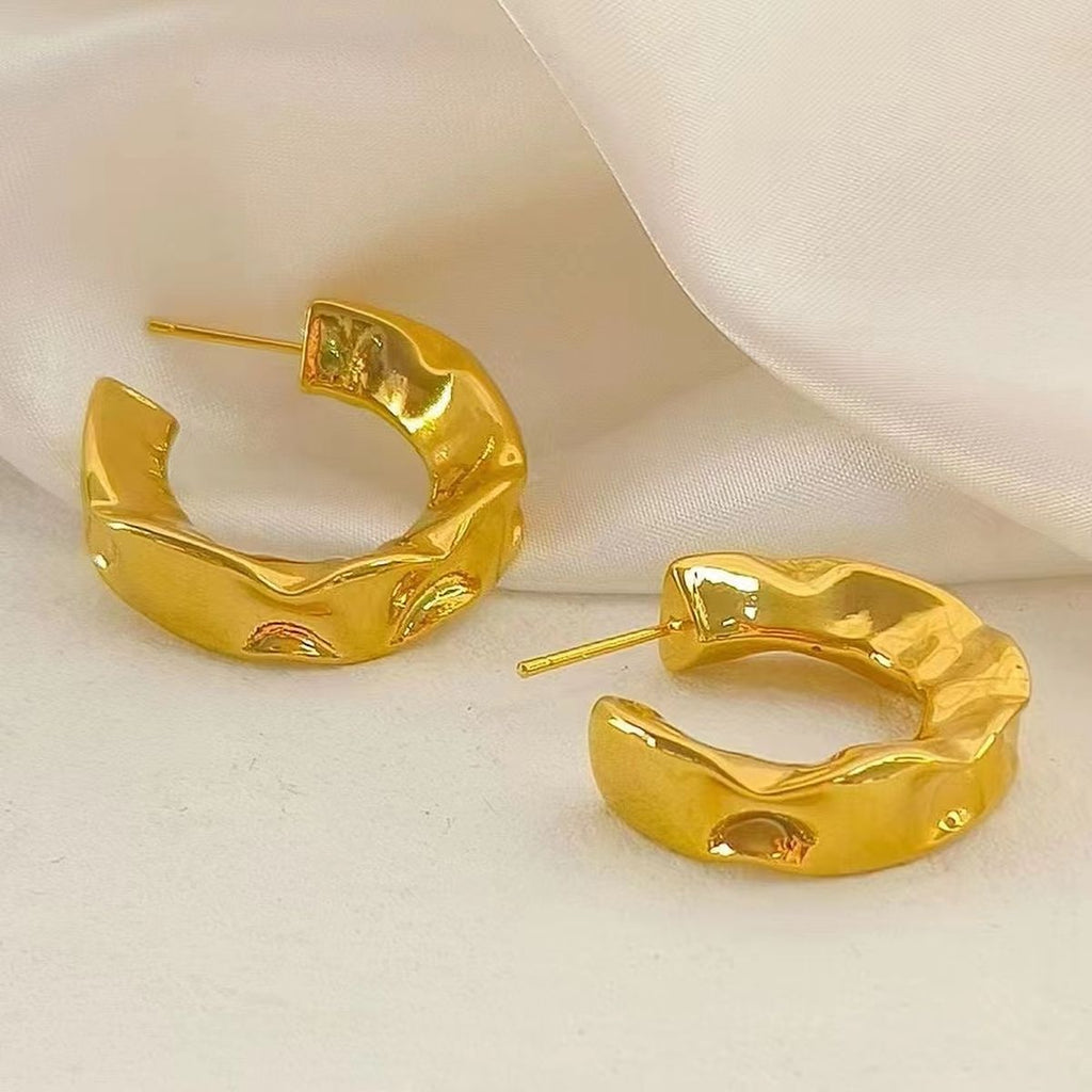 Beaten Gold Glossy 18K Gold Anti Tarnish Copper Hoop Bali Earring Bulk