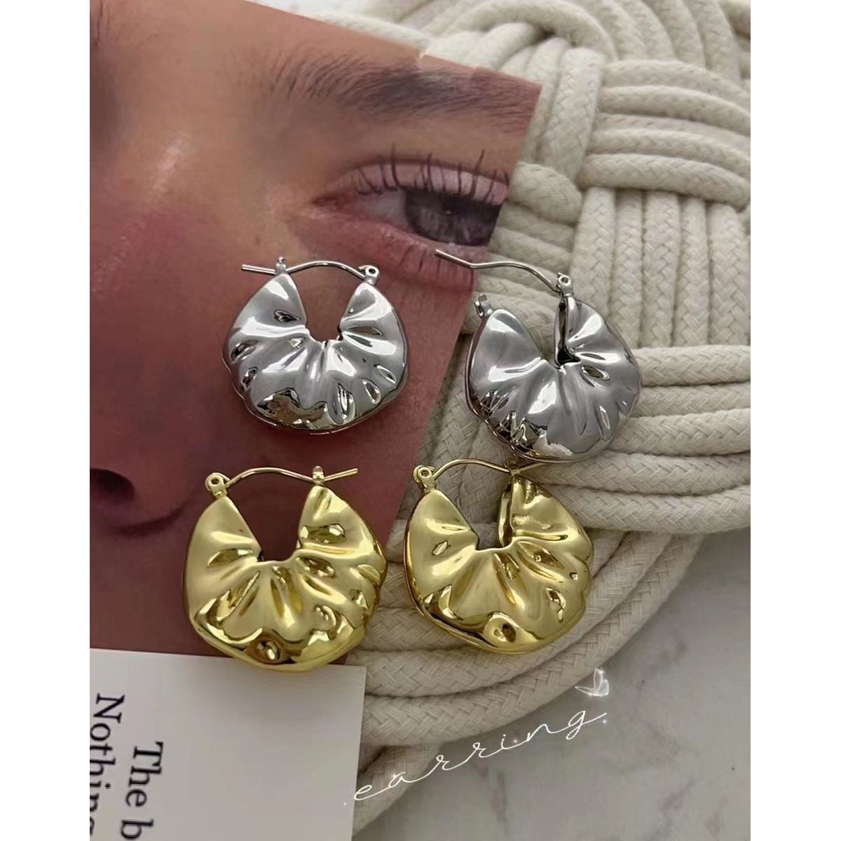Beaten 18K Glossy Gold Anti Tarnish Copper Hoop Bali Earring Bulk Secondary image