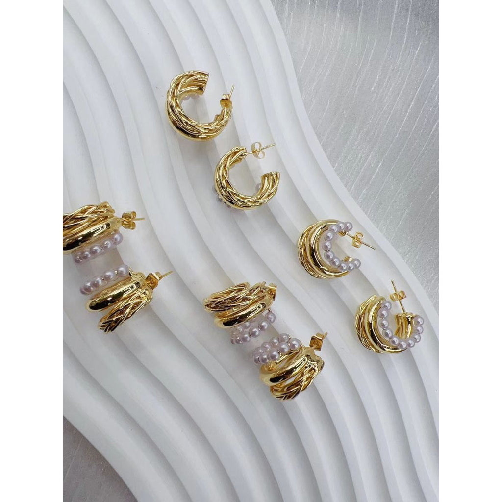 Pearl 18K Glossy Gold Triple Layer Hoop Bali Earring For Women Bulk