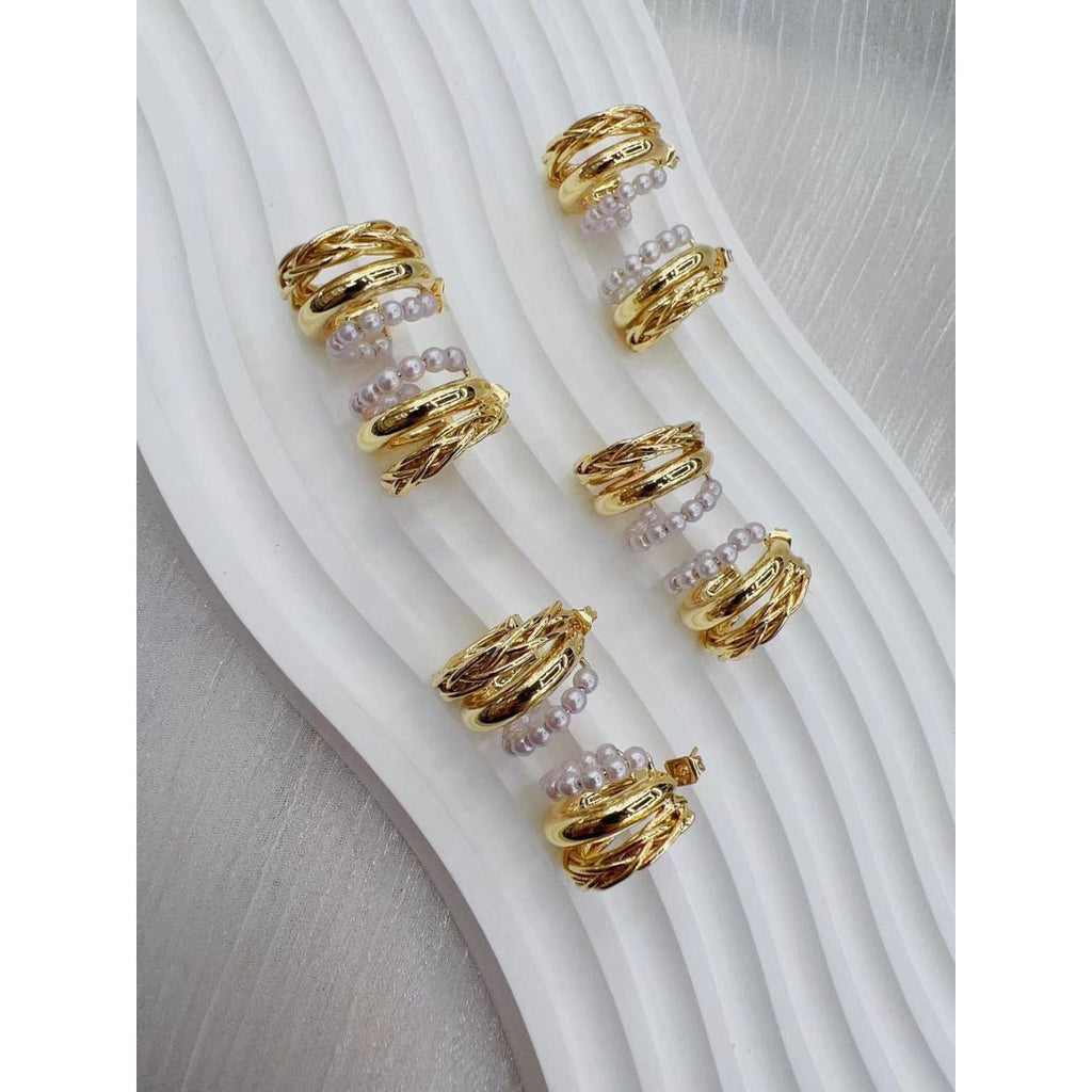Pearl 18K Glossy Gold Triple Layer Hoop Bali Earring For Women Bulk