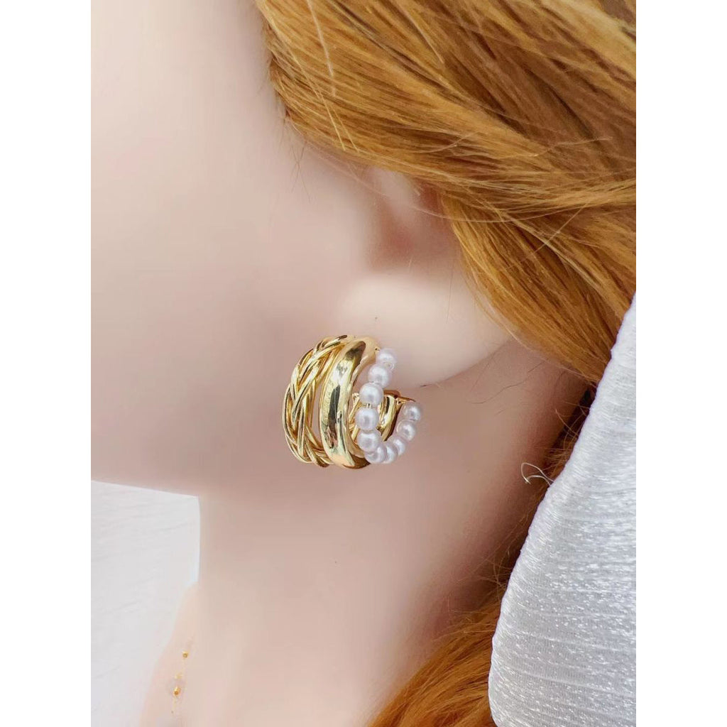 Pearl 18K Glossy Gold Triple Layer Hoop Bali Earring For Women Bulk