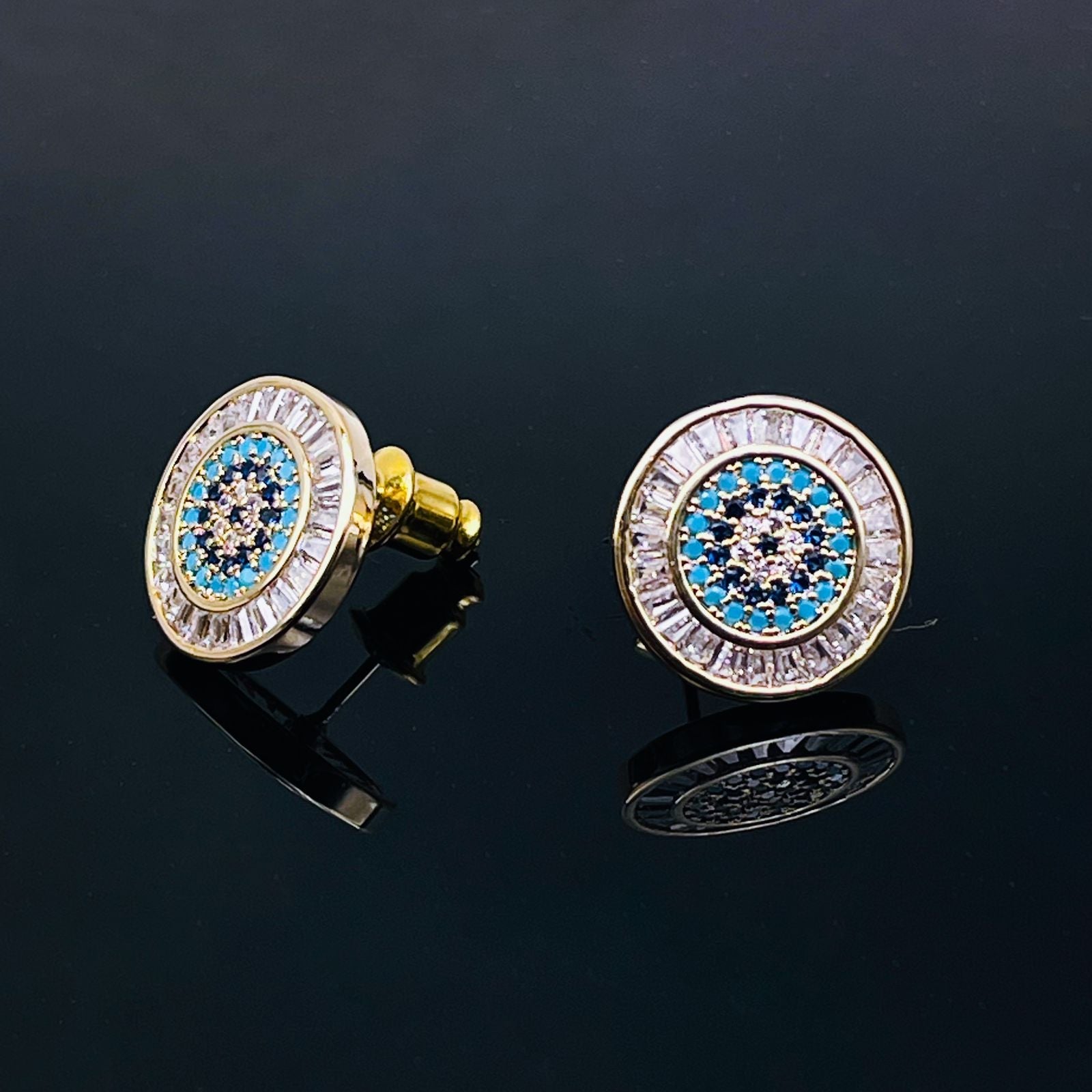 Evil Eye Baguette 18K Gold Blue Copper Pendant Chain Earring Set Bulk