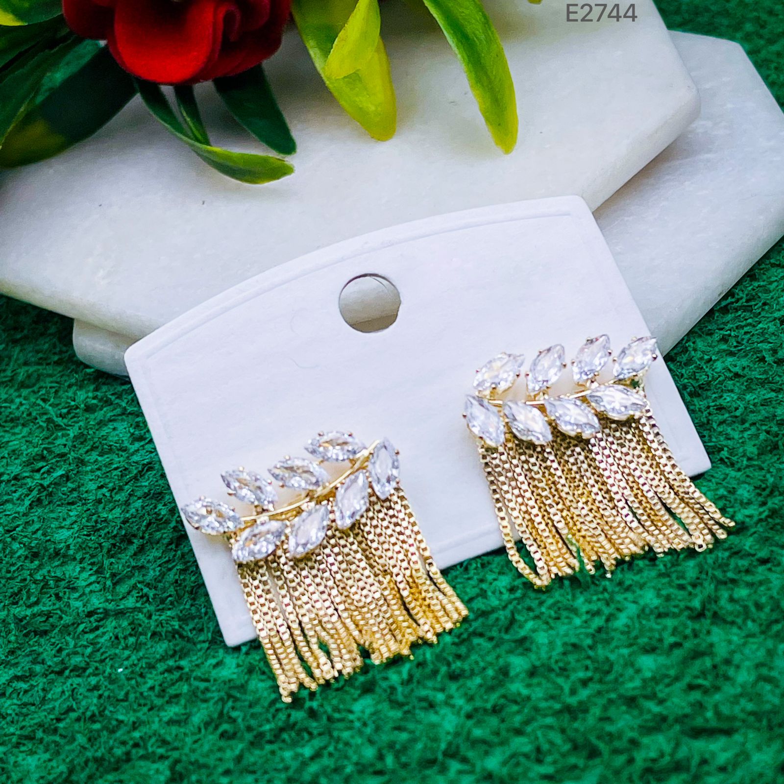 Leaf Pear Cut CZ 18K Gold Dangler Tassel Chain Earring Bulk Main image
