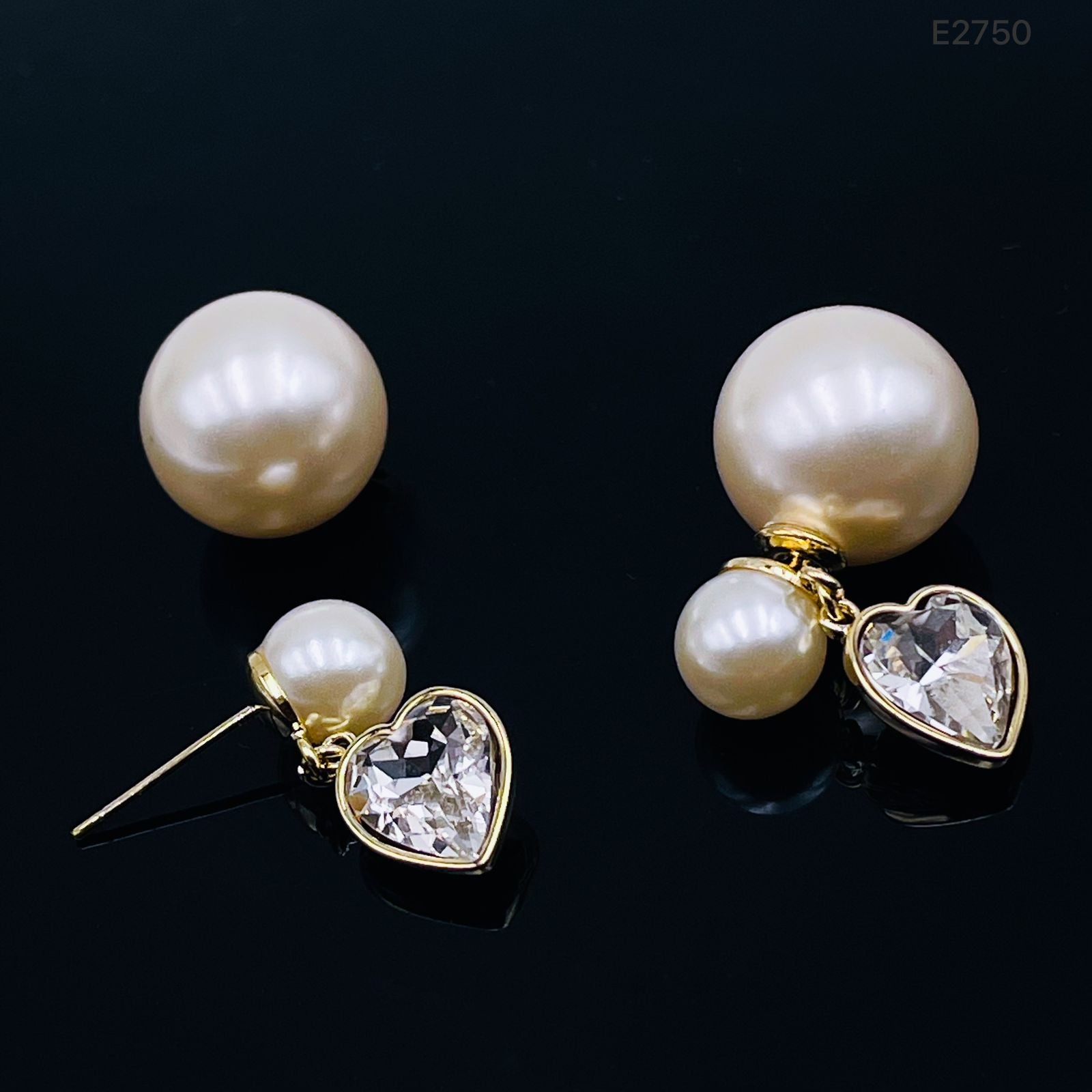 Post Dual Pearl Dangling Drop Heart Love CZ 18K Gold Earring Bulk Main image