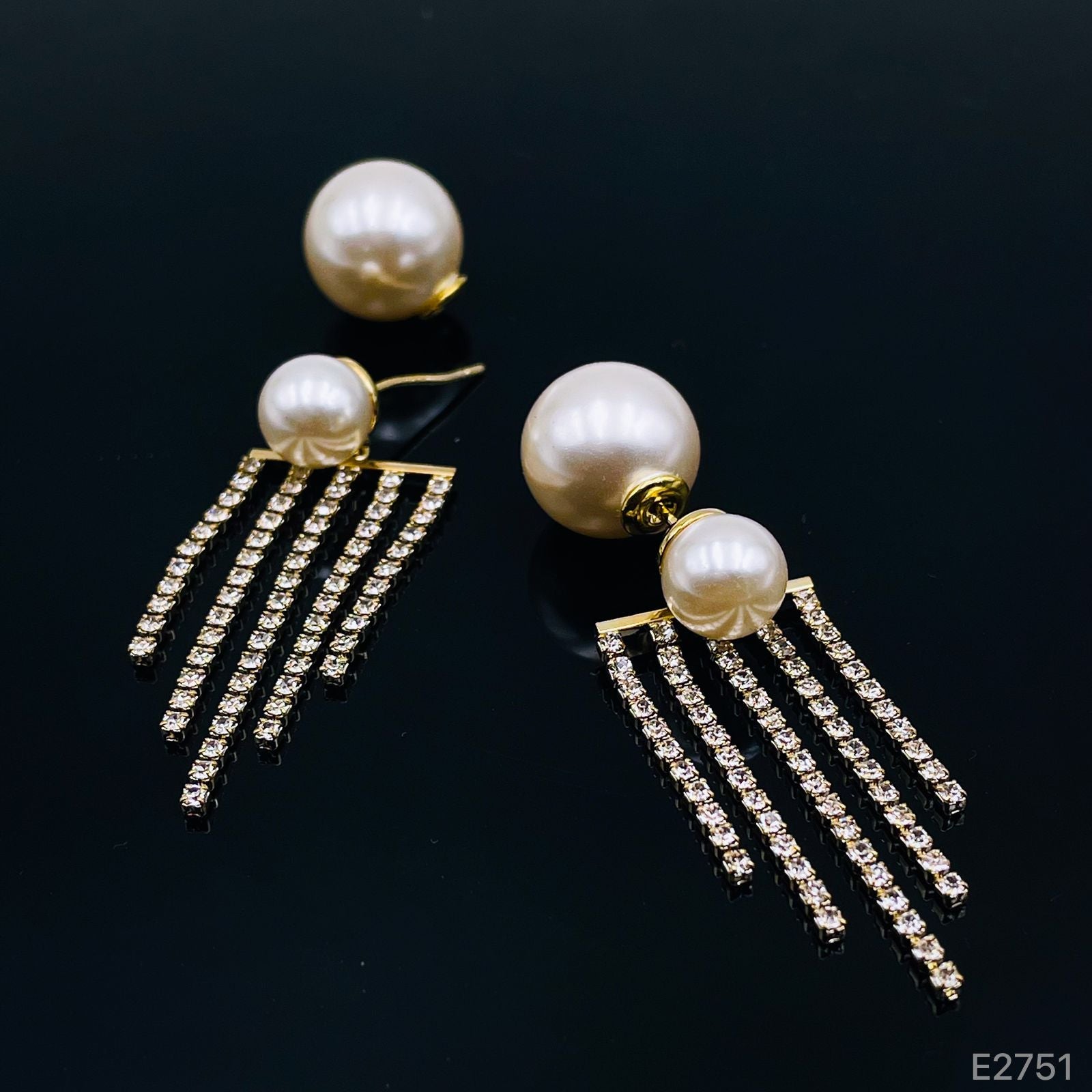 Post Dual Pearl Dangling Tassel CZ Chain 18K Gold Earring Bulk Main image