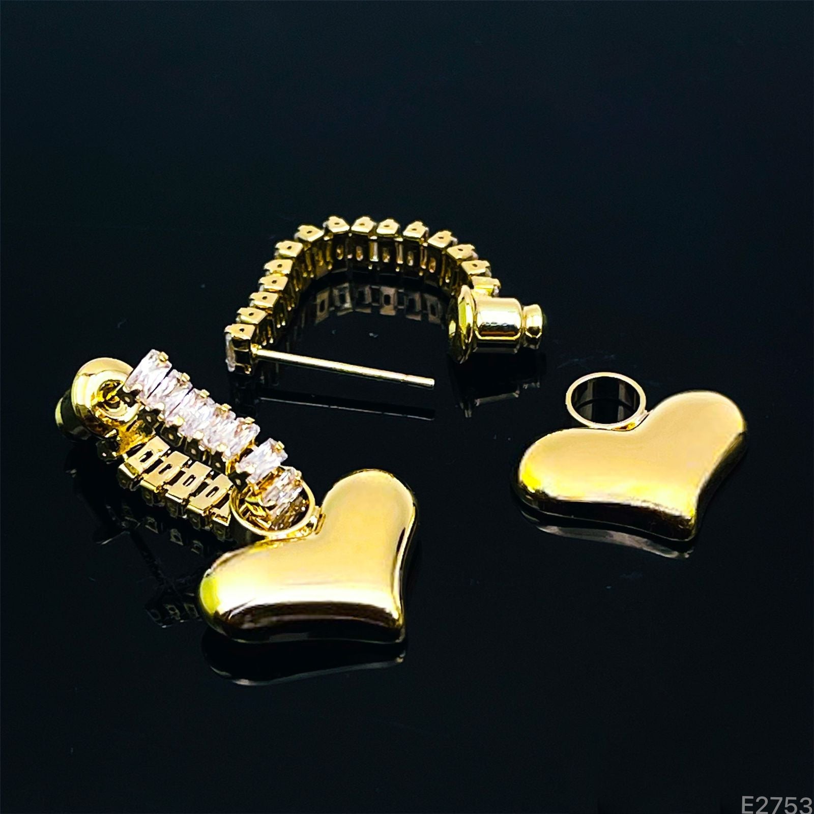 Baguette Heart CZ 18K Glossy Gold Dangling Drop Earring Bulk Main image