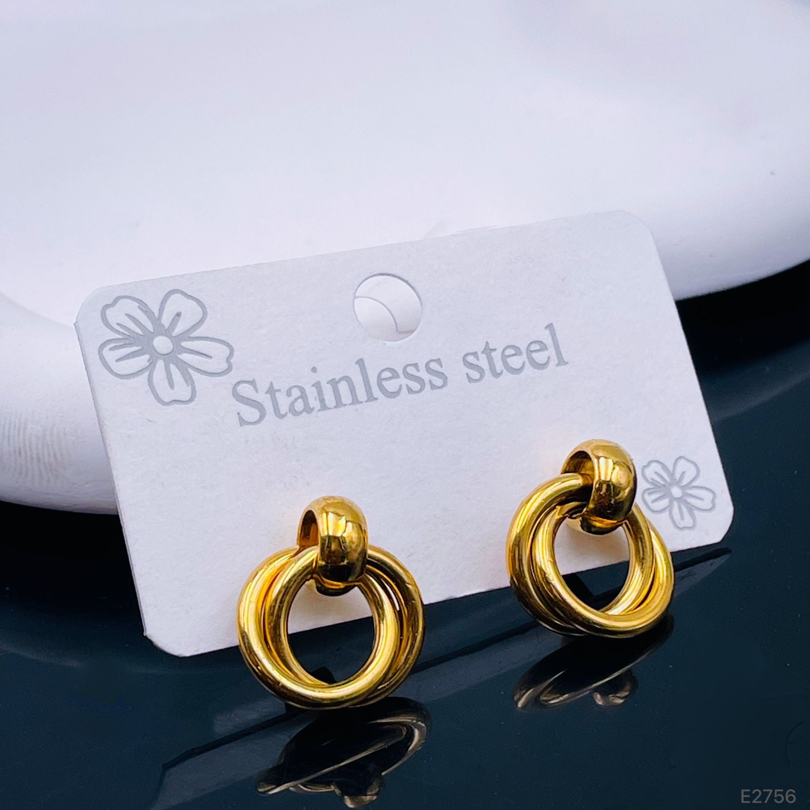Omega Twin Rings 18K Glossy Gold Stainless Steel Stud Earrings Bulk Main image