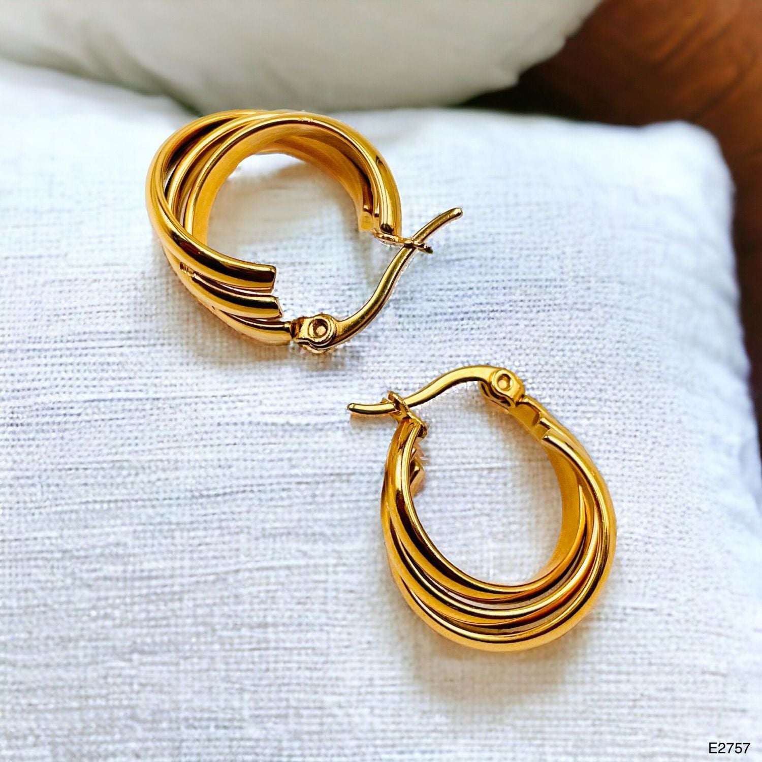Triple Rings Gold Stainless Steel Anti Tarnish Hoop Earrings Bulk Secondary image