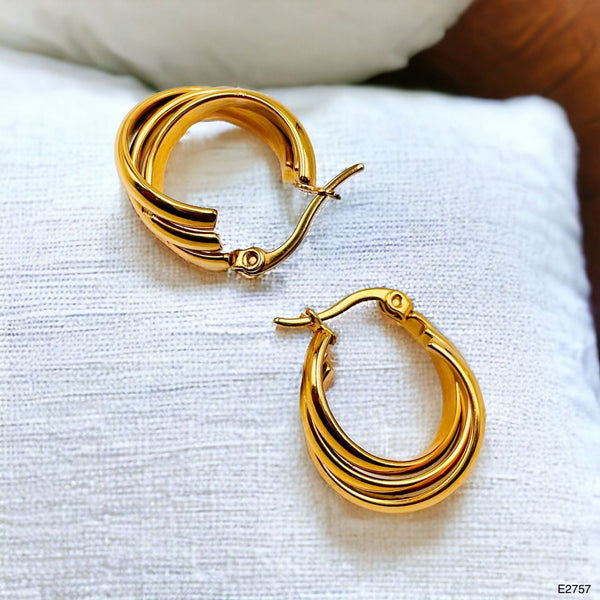 Triple Rings Gold Stainless Steel Anti Tarnish Hoop Earrings Bulk Secondary image