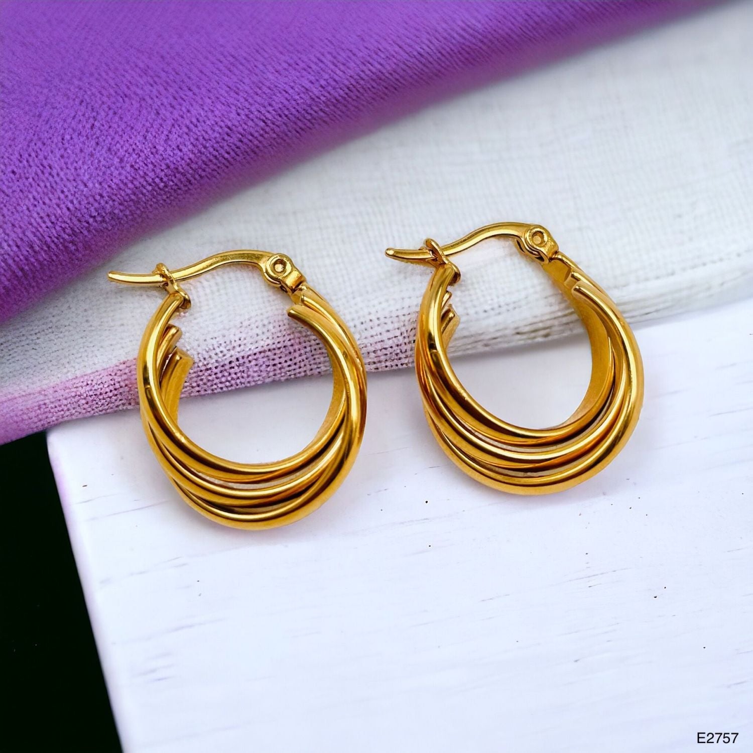 Triple Rings Gold Stainless Steel Anti Tarnish Hoop Earrings Bulk