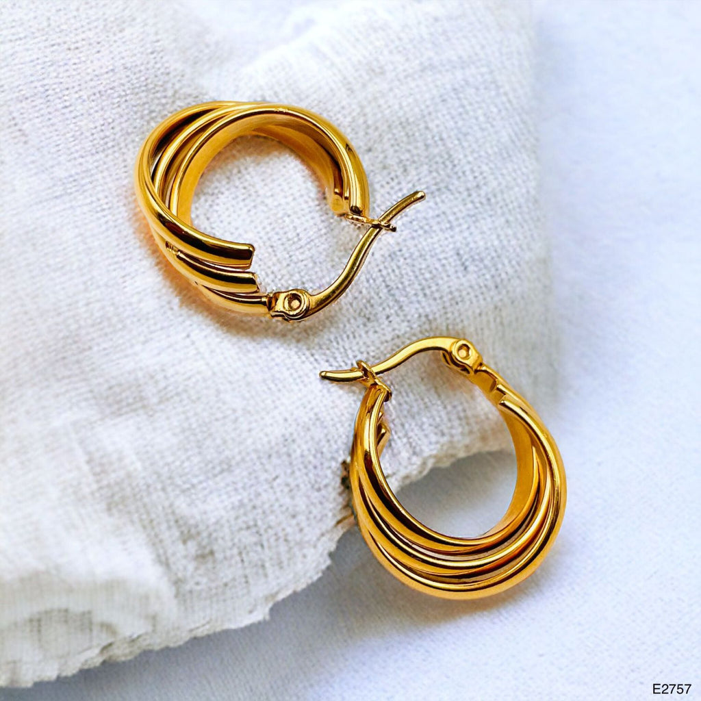 Triple Rings Gold Stainless Steel Anti Tarnish Hoop Earrings Bulk
