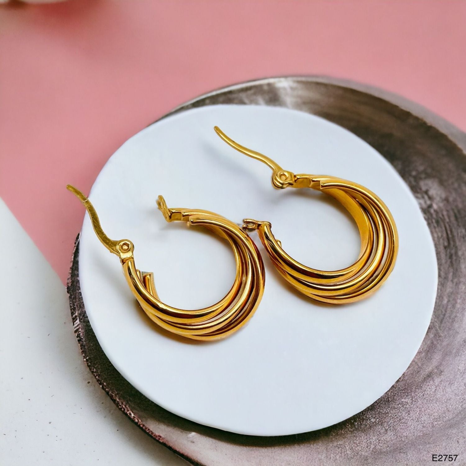 Triple Rings Gold Stainless Steel Anti Tarnish Hoop Earrings Bulk