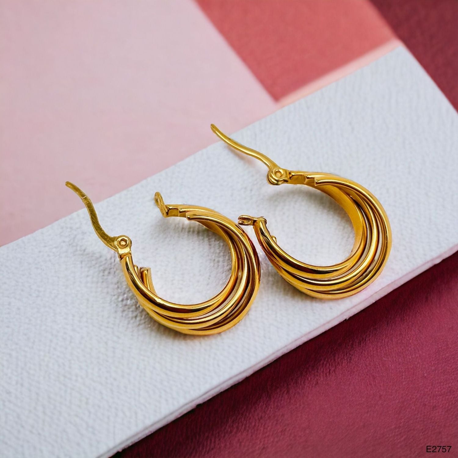 Triple Rings Gold Stainless Steel Anti Tarnish Hoop Earrings Bulk